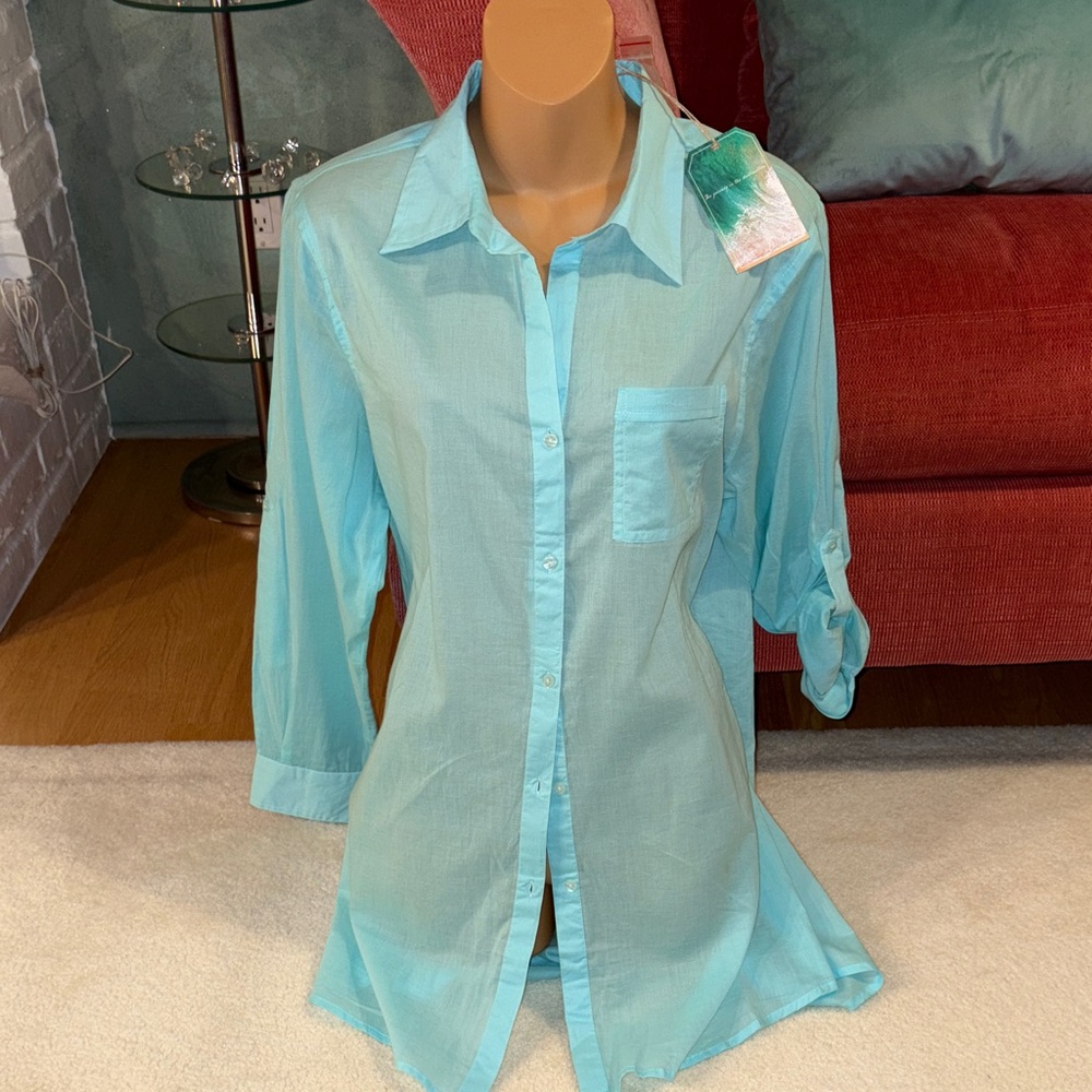 ☀️🏝️NWT True Destinations Resort Wear Caribbean Blue Aqua long Button-Up Shirt - Picture 3 of 8